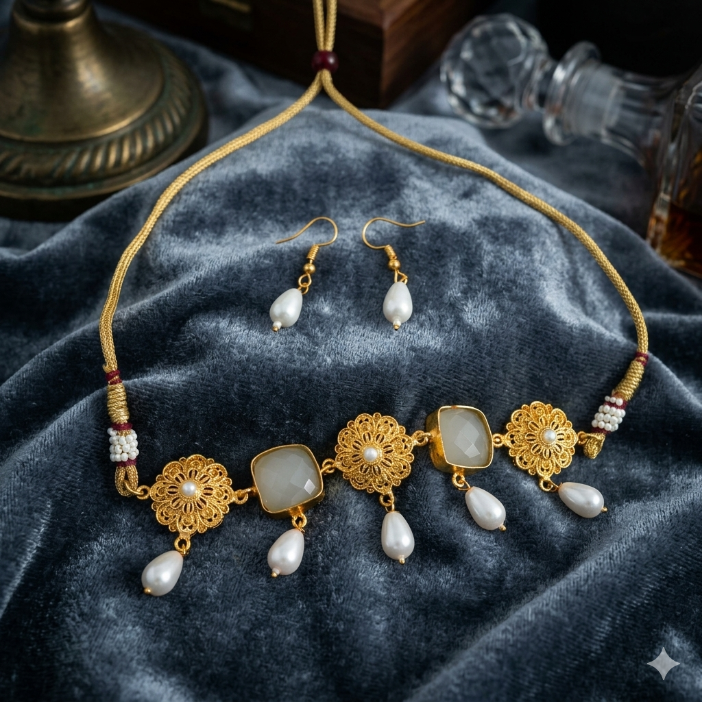 Kiyara raw stone  Statement Necklace Set With Dangling Earrings