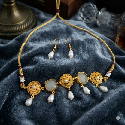Kiyara raw stone  Statement Necklace Set With Dangling Earrings