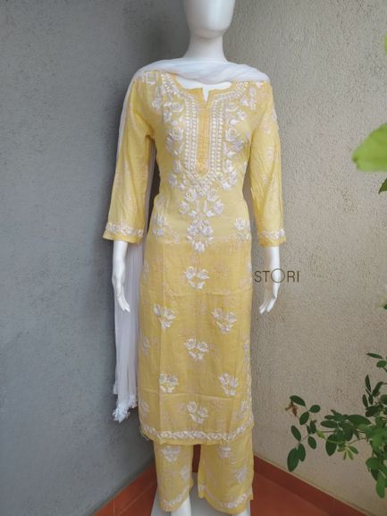 Niha Butter Yellow Soft Cotton Mulmul Chikankari Kurti & Palazzo Set