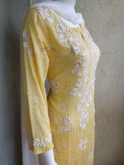 Niha Butter Yellow Soft Cotton Mulmul Chikankari Kurti & Palazzo Set