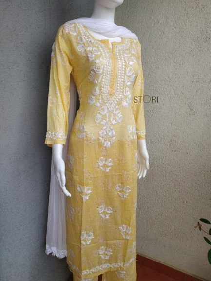Niha Butter Yellow Soft Cotton Mulmul Chikankari Kurti & Palazzo Set