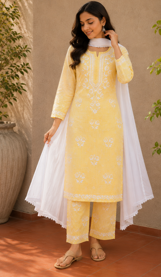 Niha Butter Yellow Soft Cotton Mulmul Chikankari Kurti & Palazzo Set