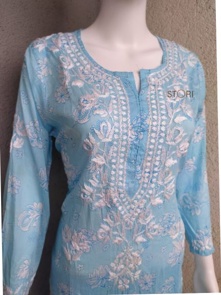 Niha Sky Blue Soft Cotton Mulmul Chikankari Kurti & Palazzo Set