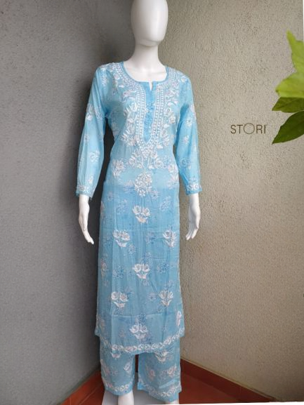 Niha Sky Blue Soft Cotton Mulmul Chikankari Kurti & Palazzo Set