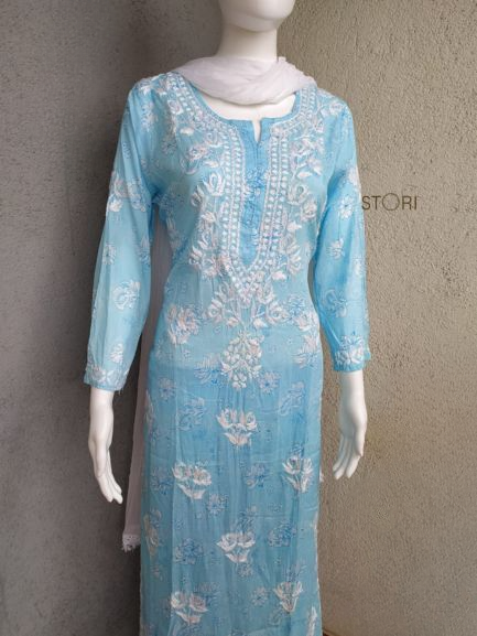 Niha Sky Blue Soft Cotton Mulmul Chikankari Kurti & Palazzo Set
