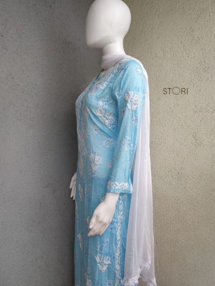 Niha Sky Blue Soft Cotton Mulmul Chikankari Kurti & Palazzo Set