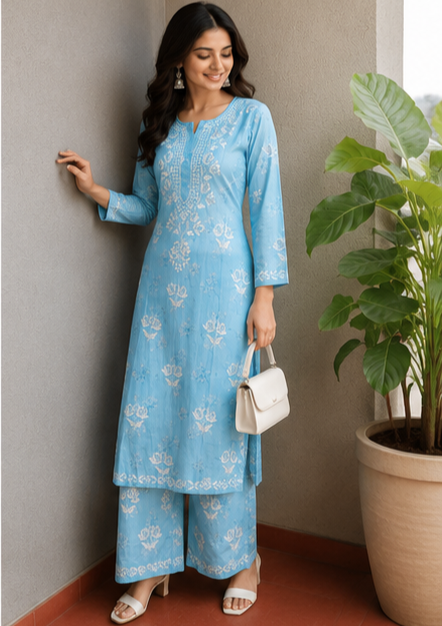 Niha Sky Blue Soft Cotton Mulmul Chikankari Kurti & Palazzo Set