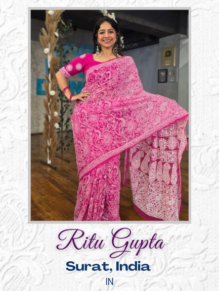 Rani Pink Noor Full Jaal Hand Embroidered Lucknowi Chikankari Saree