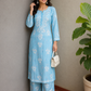 Niha Sky Blue Soft Cotton Mulmul Chikankari Kurti & Palazzo Set