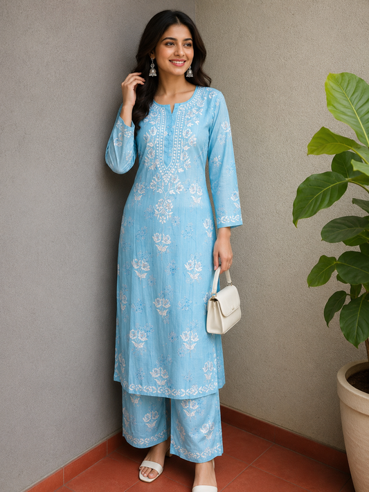 Niha Sky Blue Soft Cotton Mulmul Chikankari Kurti & Palazzo Set