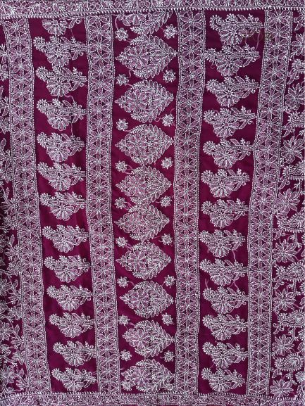 Wine Noor Full Jaal Hand Embroidered Lucknowi Chikankari Saree