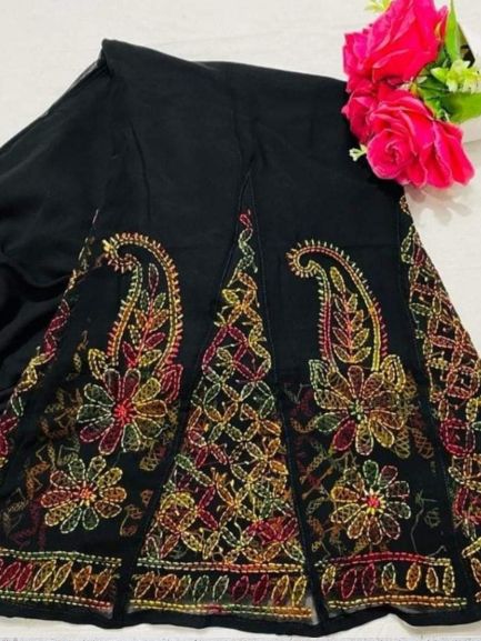 Hand Embroidered Georgette Lucknowi Chikankari Flared Palazzo - Black
