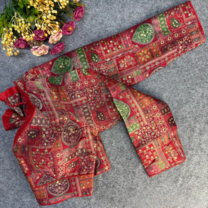 Red Jacquard Silk Long Sleeved Vintage Blouse