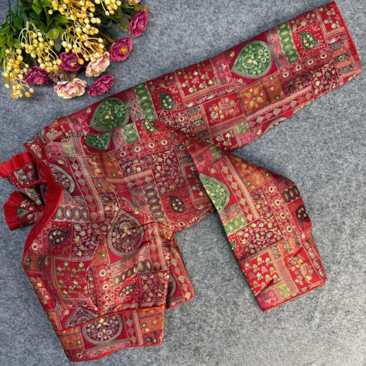 Red Jacquard Silk Long Sleeved Vintage Blouse