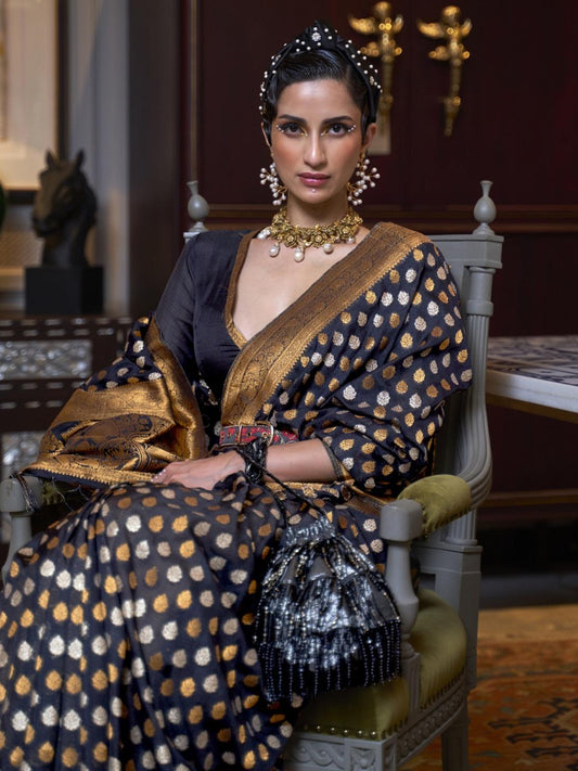 Charcoal Black Handloom Woven Raw Khadi Silk Saree
