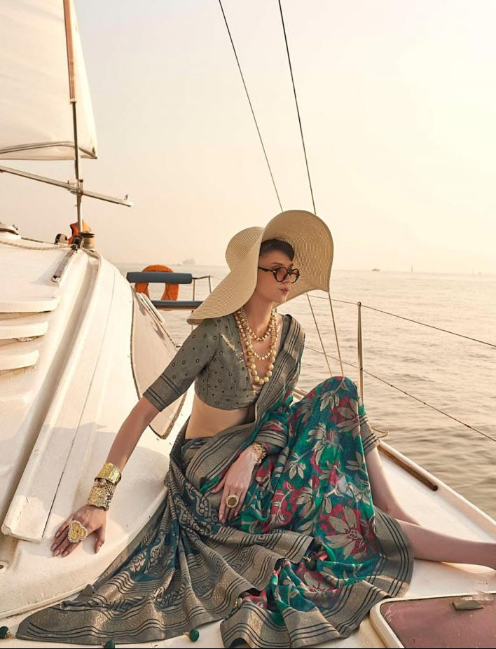 STORI Green Floral Soft Georgette Saree