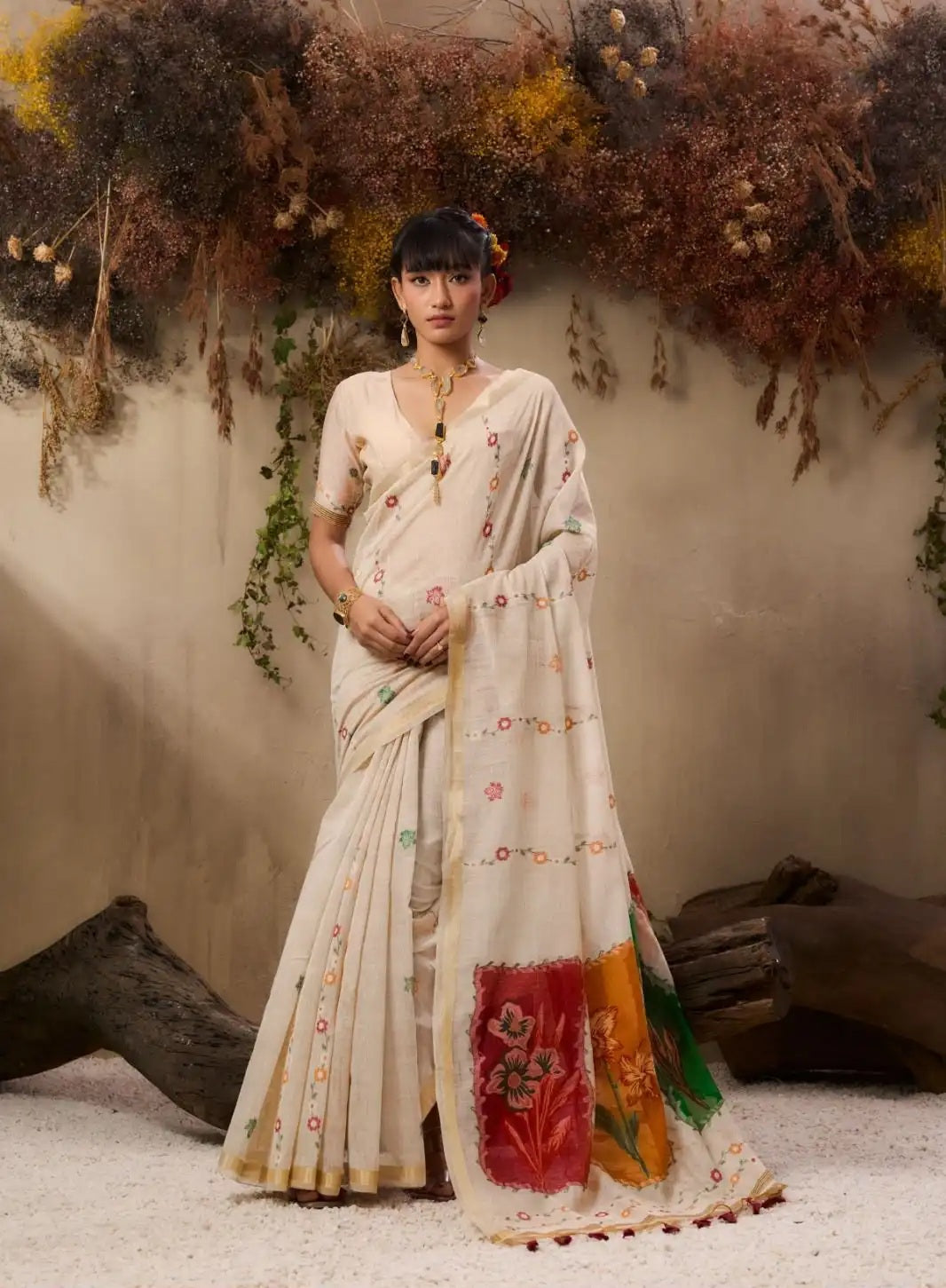 Ivory White Munga Cotton Silk Saree