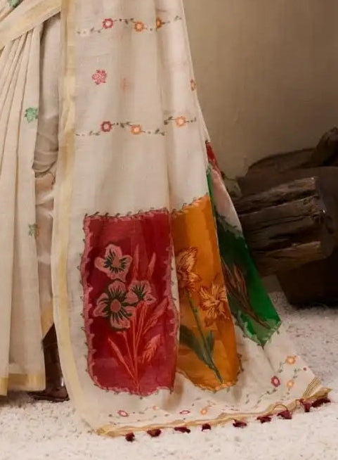 Ivory White Munga Cotton Silk Saree