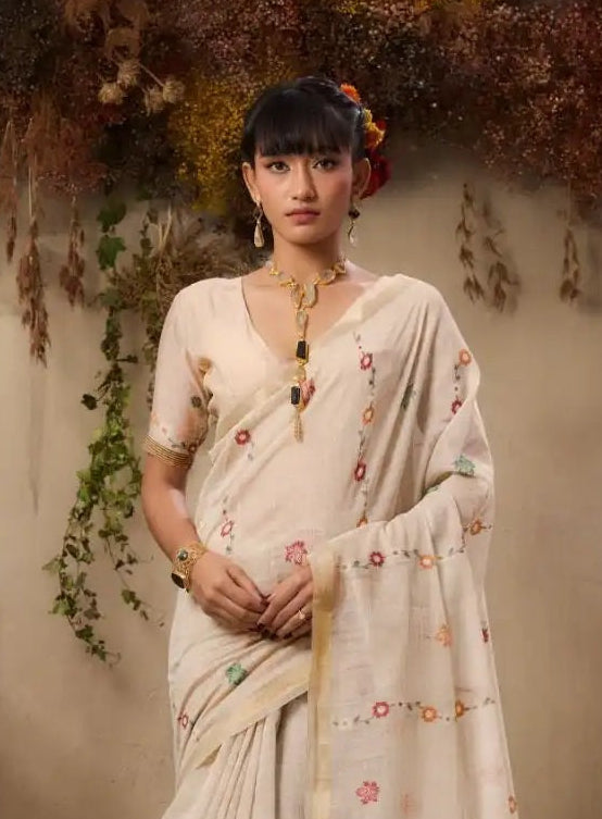 Ivory White Munga Cotton Silk Saree