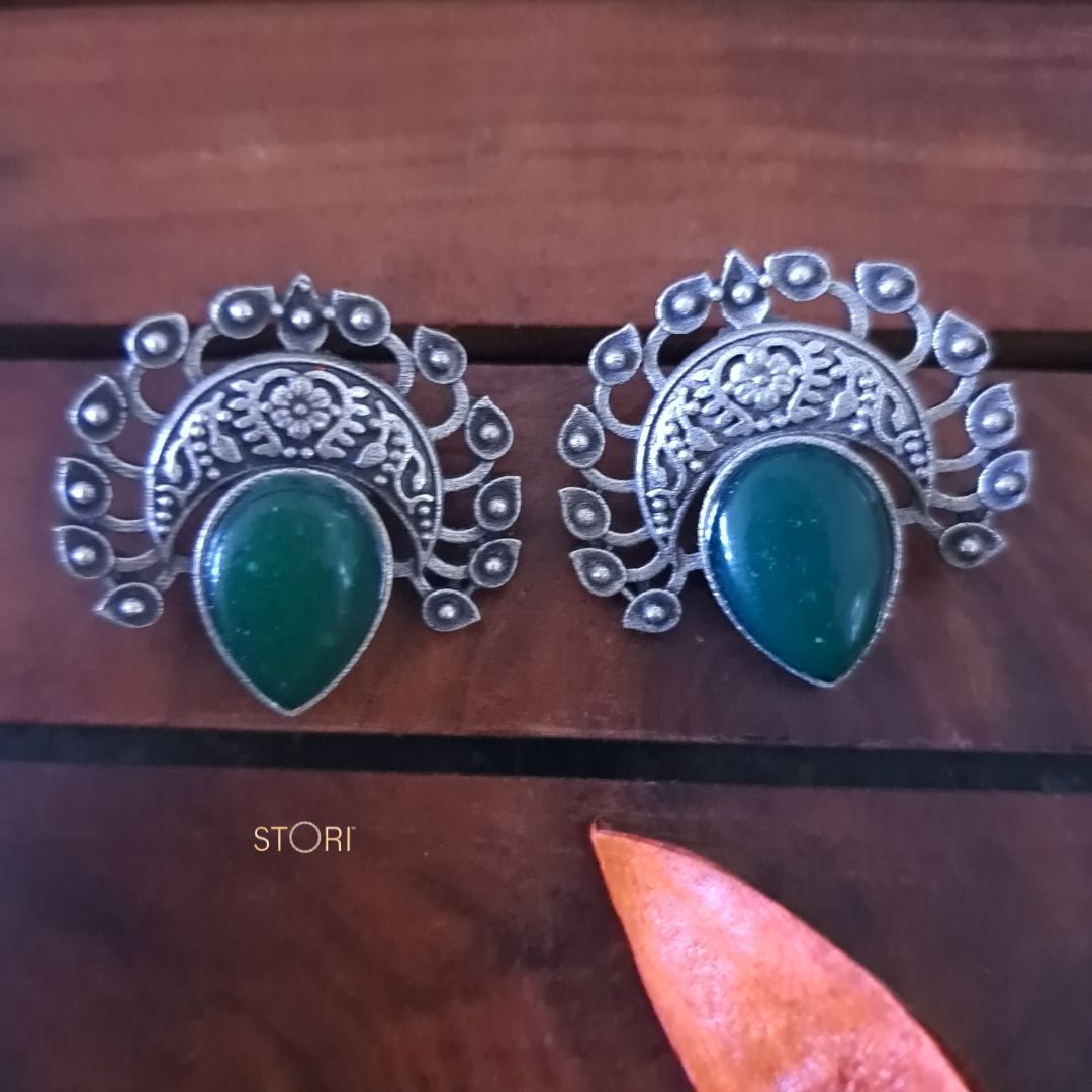 Dhruvika Monalisa Stone Silver Lookalike Earrings