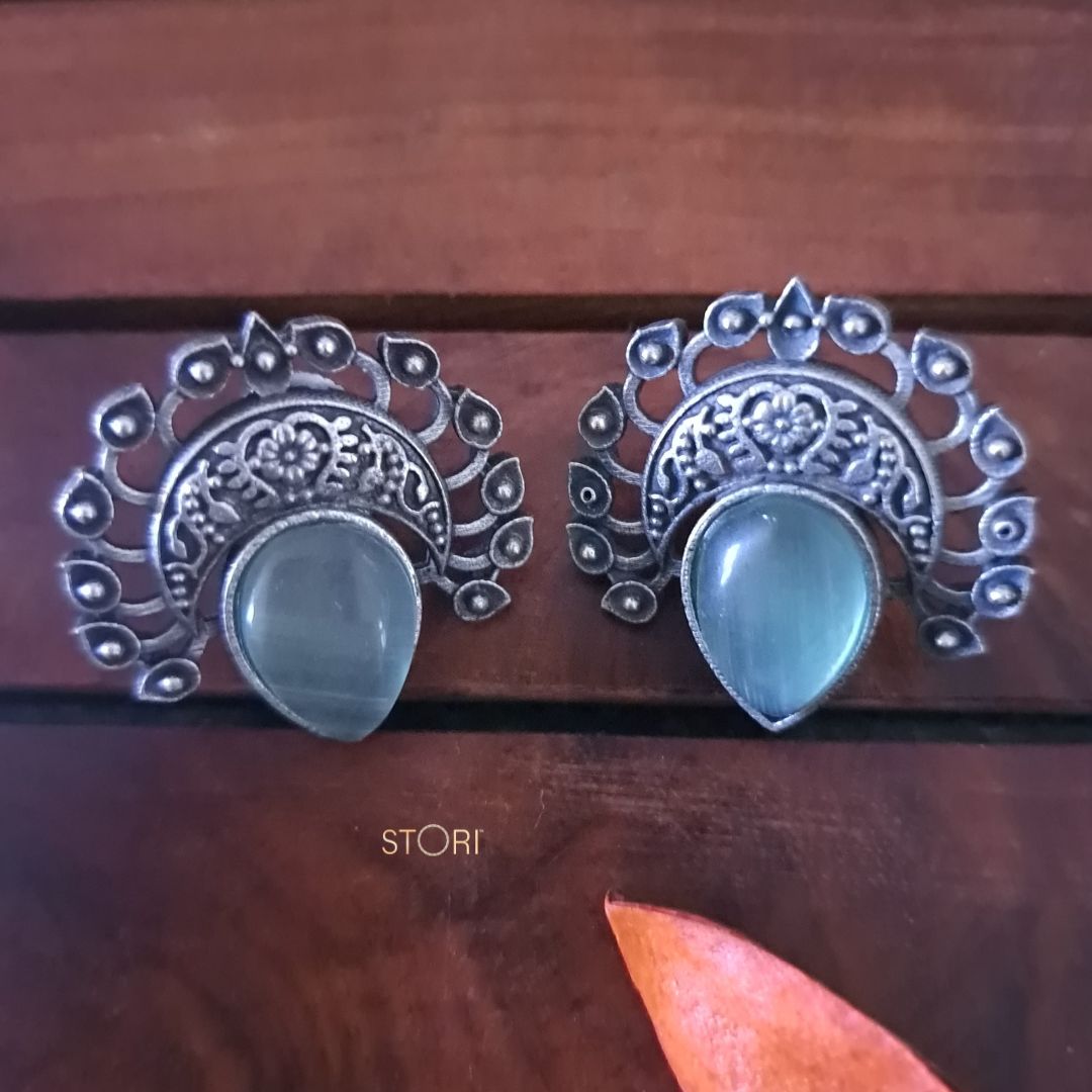 Dhruvika Monalisa Stone Silver Lookalike Earrings