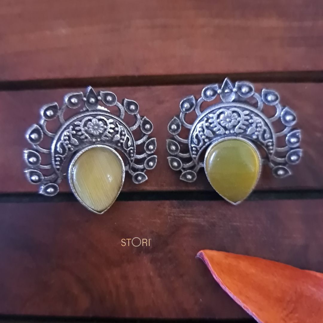 Dhruvika Monalisa Stone Silver Lookalike Earrings