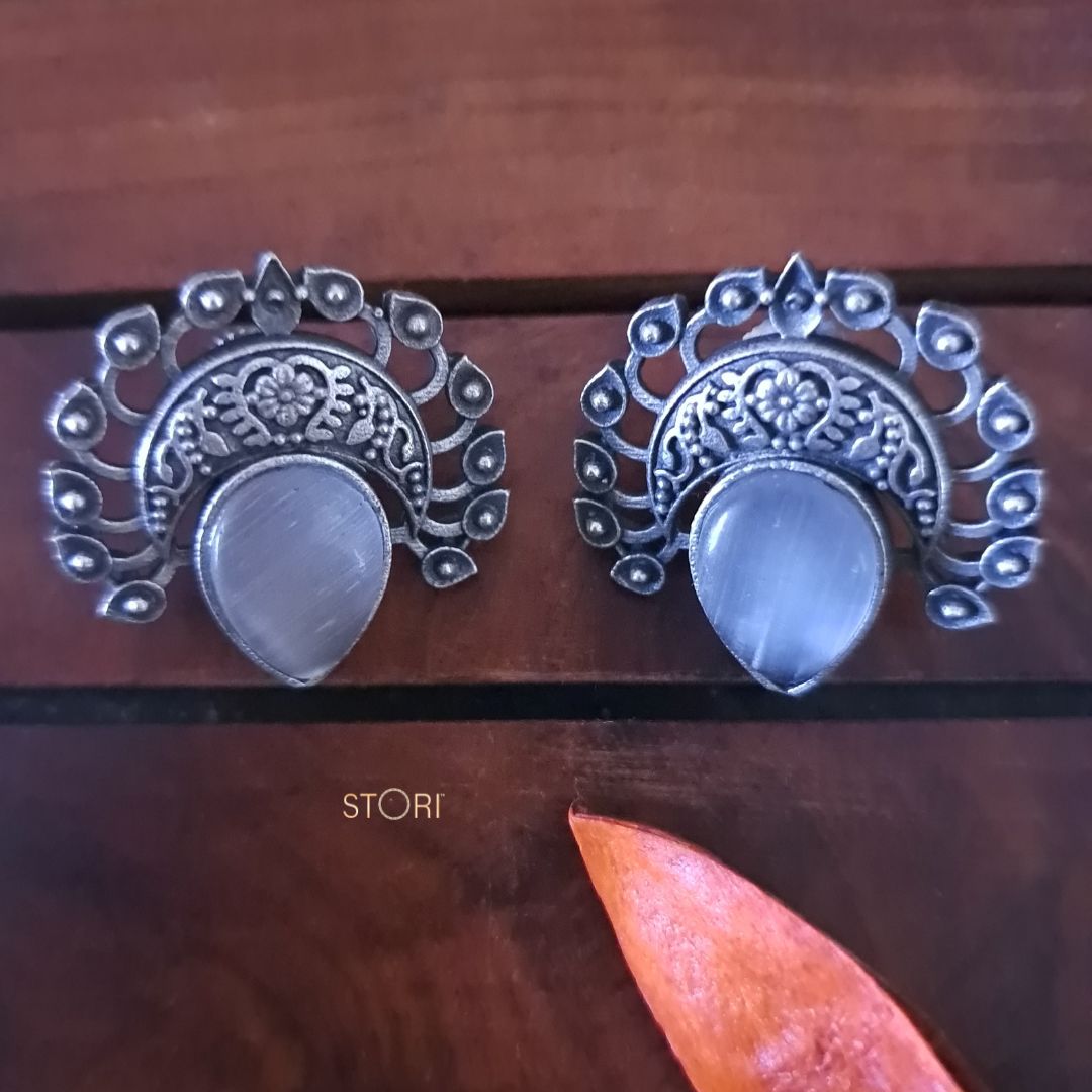 Dhruvika Monalisa Stone Silver Lookalike Earrings