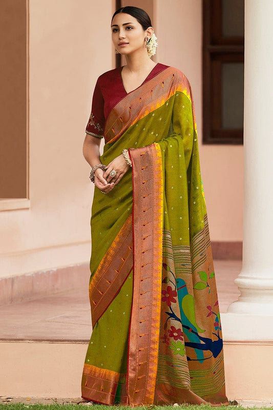 Mehendi Green Pathani Saree With Embroidered Blouse
