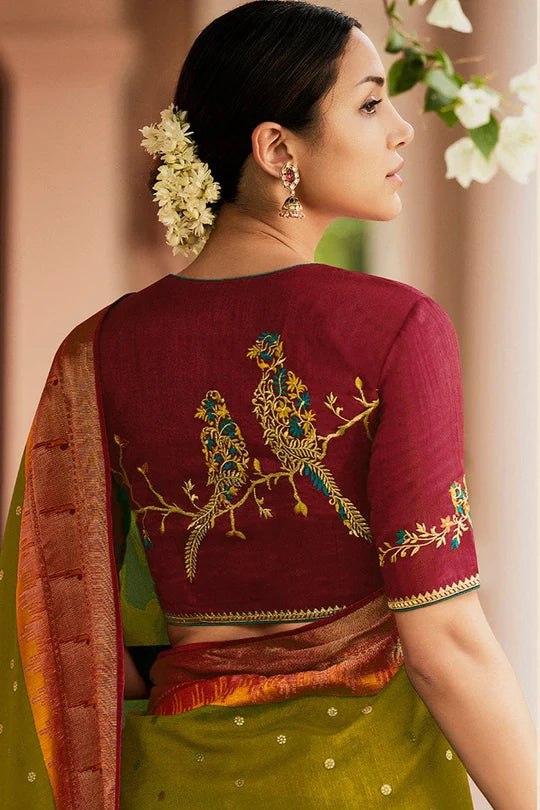Mehendi Green Pathani Saree With Embroidered Blouse