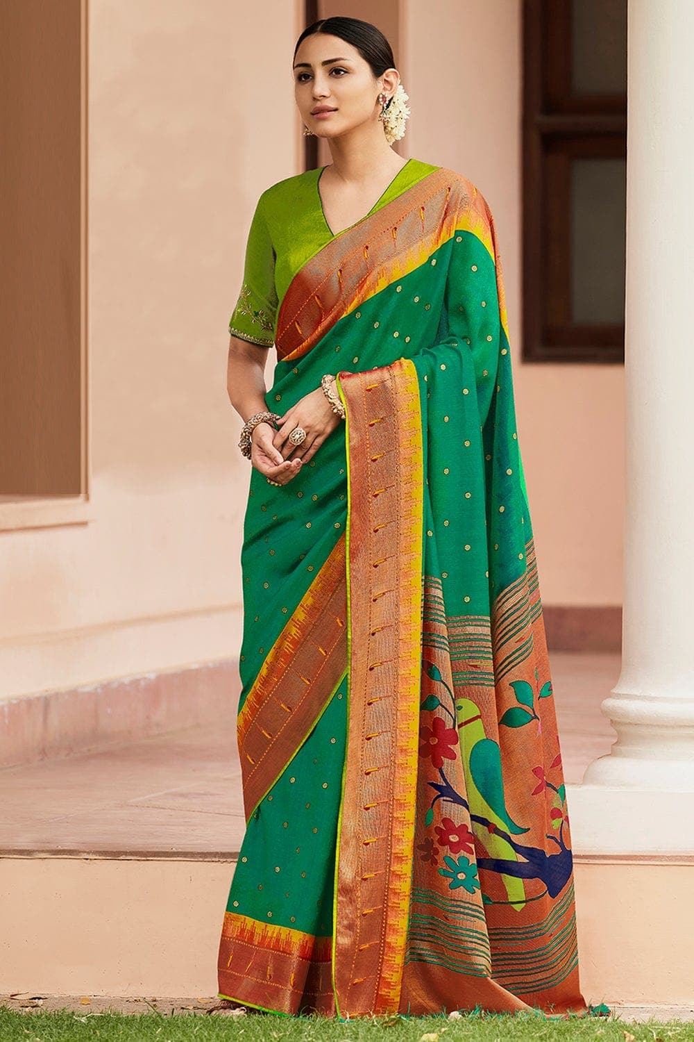Best Price Designer Rich Pallu Semi Paithani Saree ( Range-4) - Parrot Green