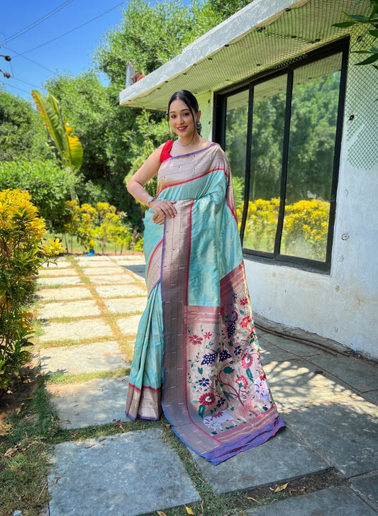 Bright Green Paithani Silk Saree With Allover Zari Woven Motifs