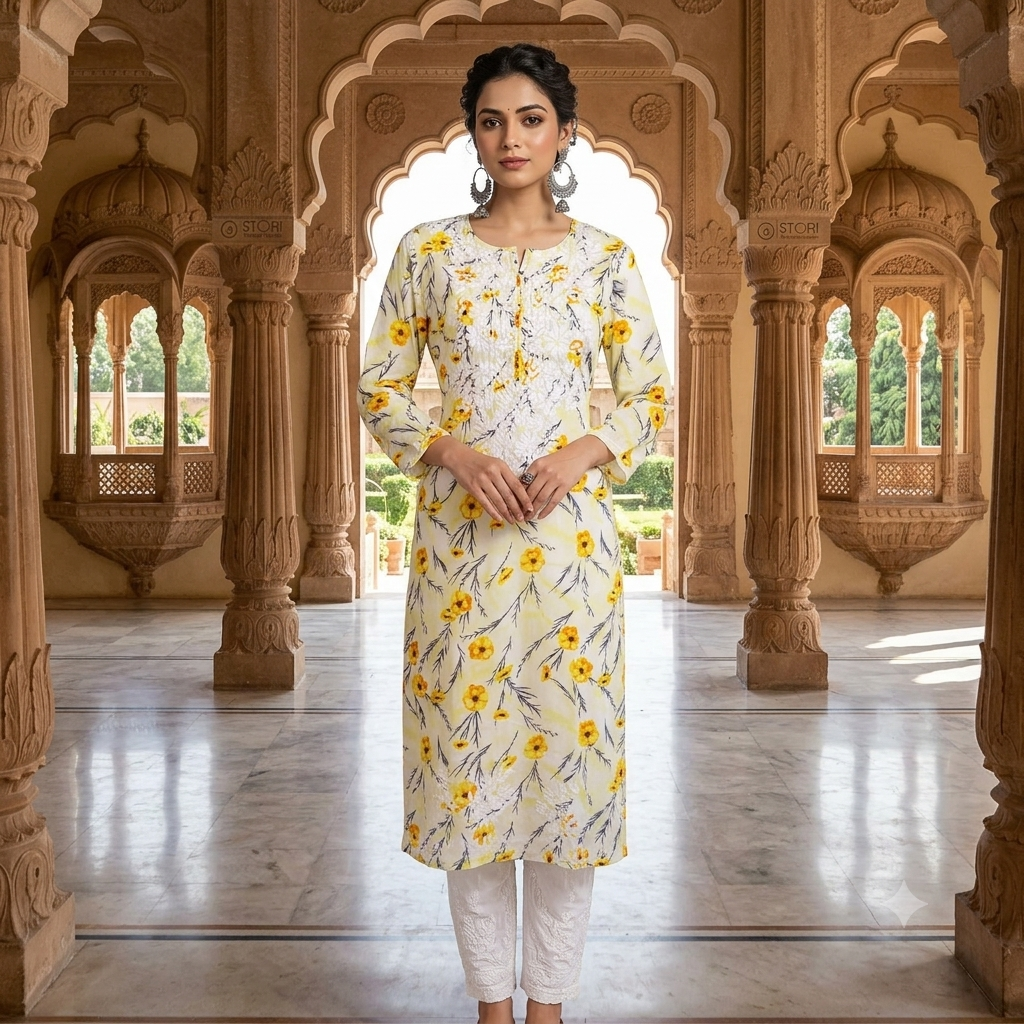 Floral Pale Yellow Printed Cotton Mulmul Chikankari Kurti