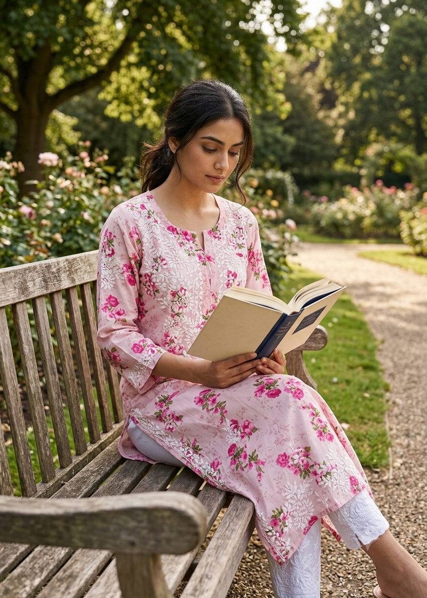 pink and white flower print kurti