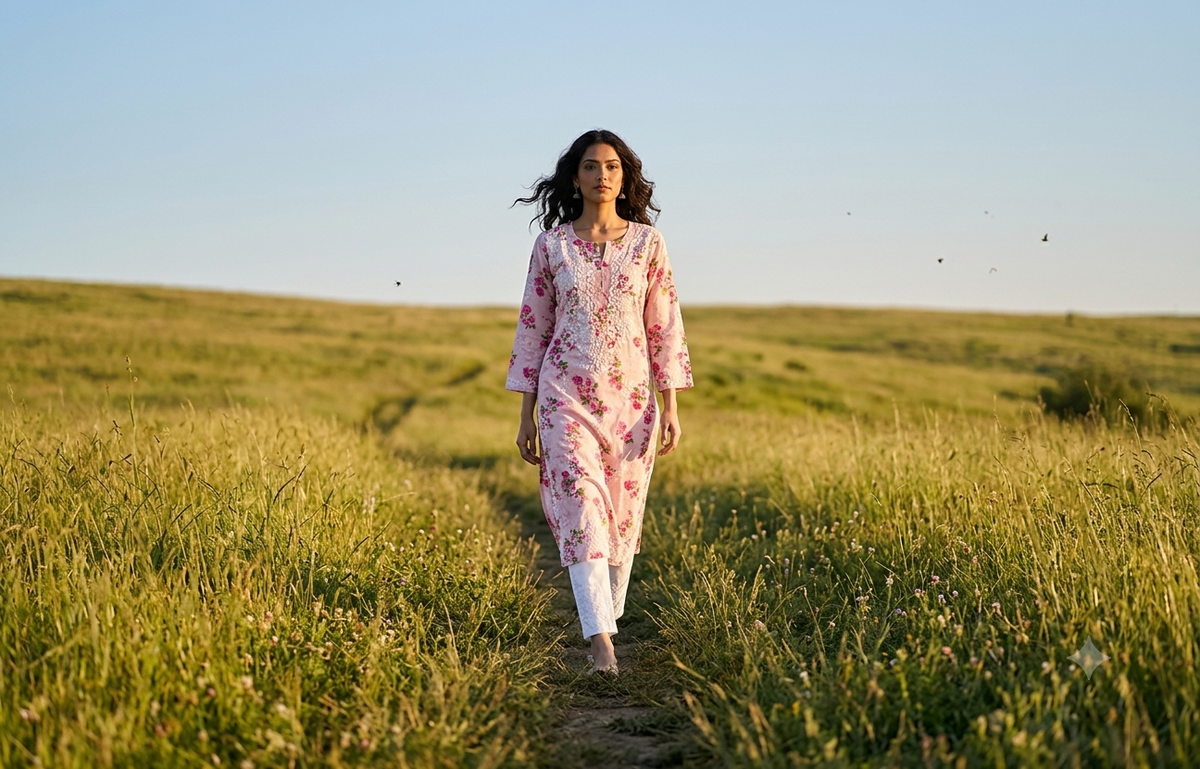 pink and white flower print kurti1