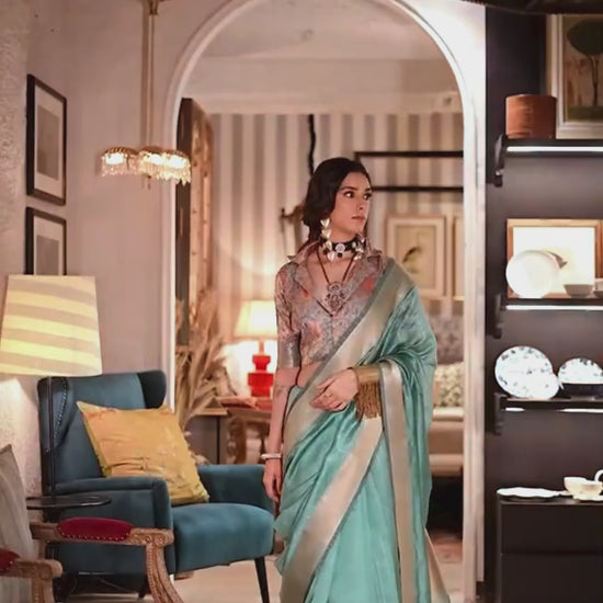 Rama Green Woven Zari Border Chiffon Saree