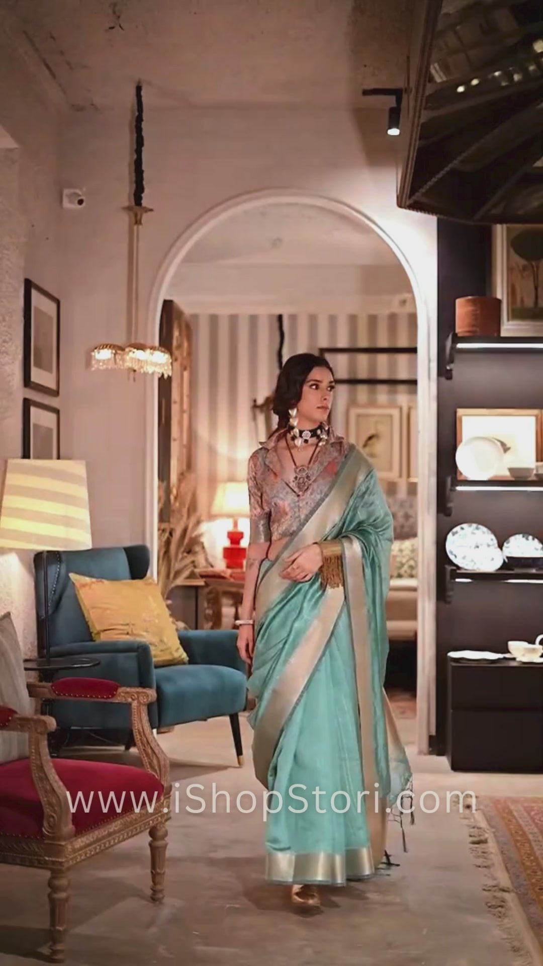 Rama Green Woven Zari Border Chiffon Saree