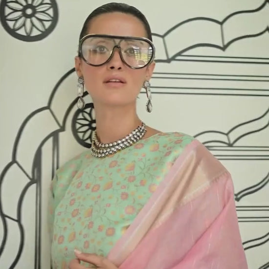 Pastel Pink Woven Zari Border Chiffon Saree