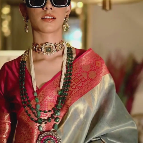 Paris Green Zari Tissue Silk Saree With Temple Border