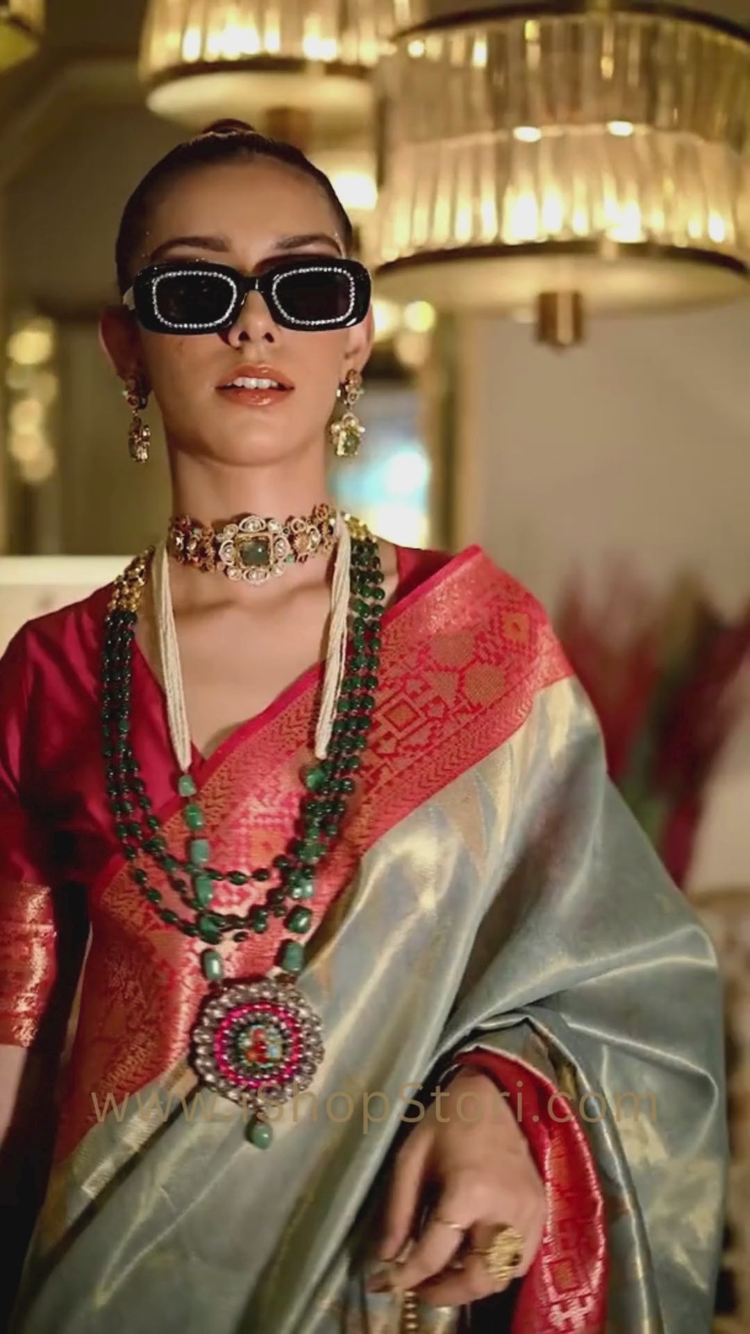 Paris Green Zari Tissue Silk Saree With Temple Border