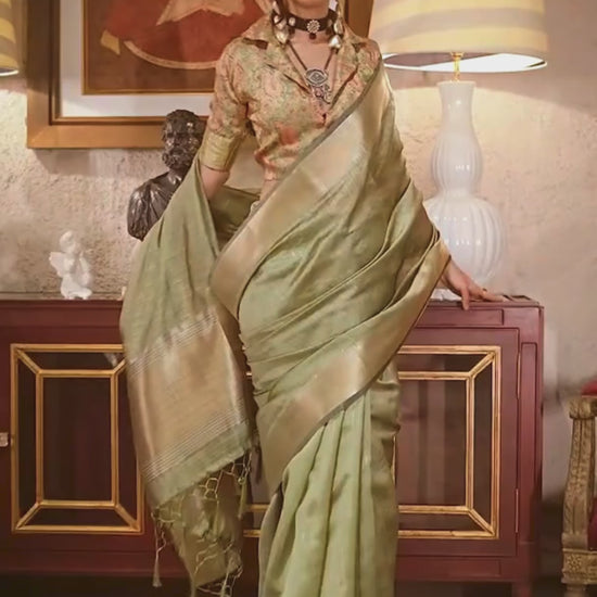 Pastel Green Woven Zari Border Chiffon Saree