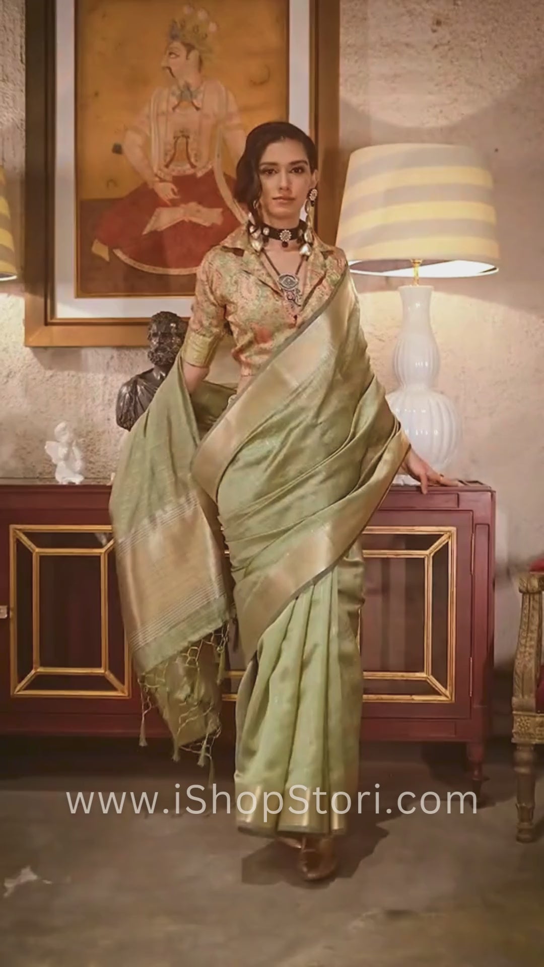 Pastel Green Woven Zari Border Chiffon Saree