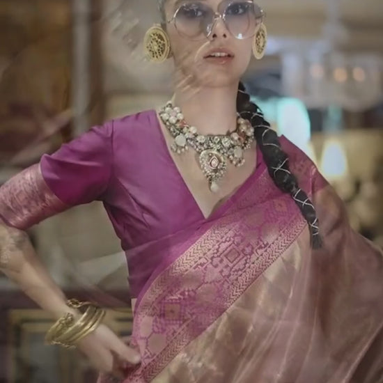 Onion Pink Zari Tissue Silk Saree With Temple Border
