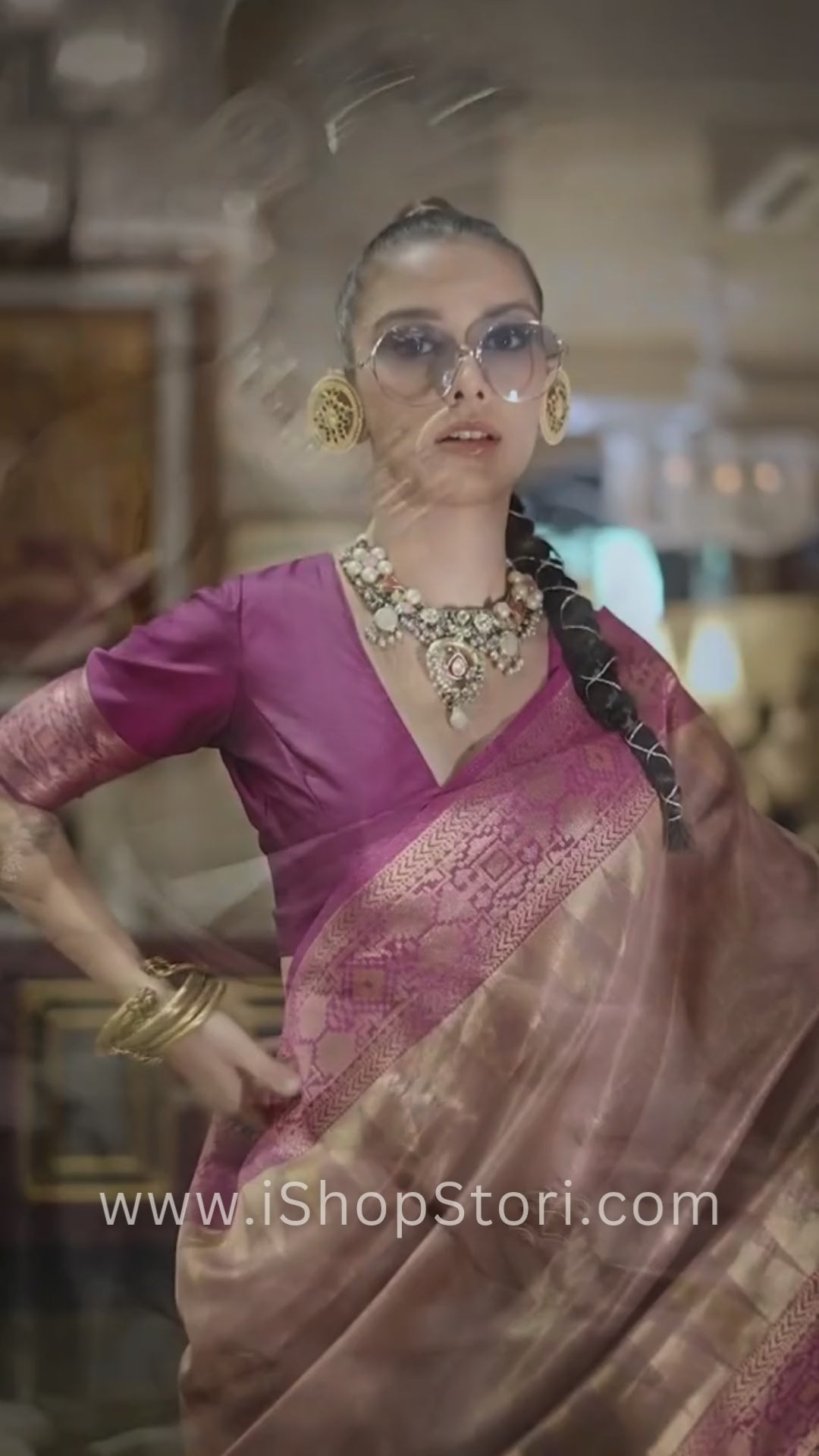 Onion Pink Zari Tissue Silk Saree With Temple Border