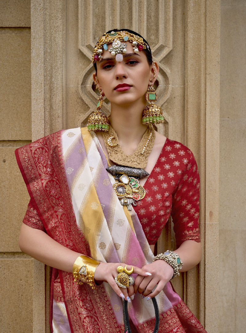 Red Hue Banarasi Silk Saree With Pastel Shaded Stripes