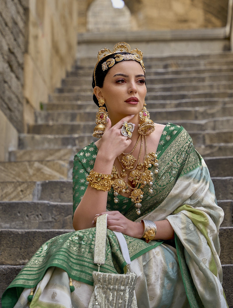 Green Banarasi Silk Saree With Pastel Shaded Stripes