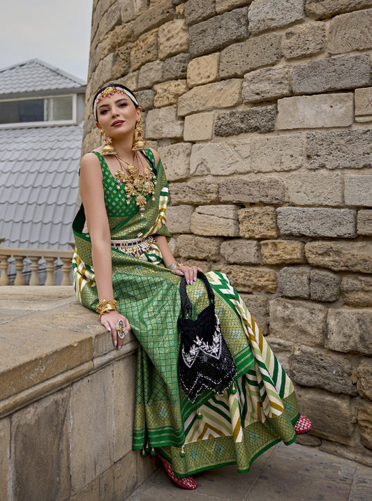 Green Banarasi Silk Saree With Chevron Stripes