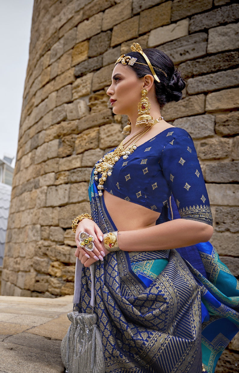 Banarasi Silk Saree With Blue Diamond Palettes