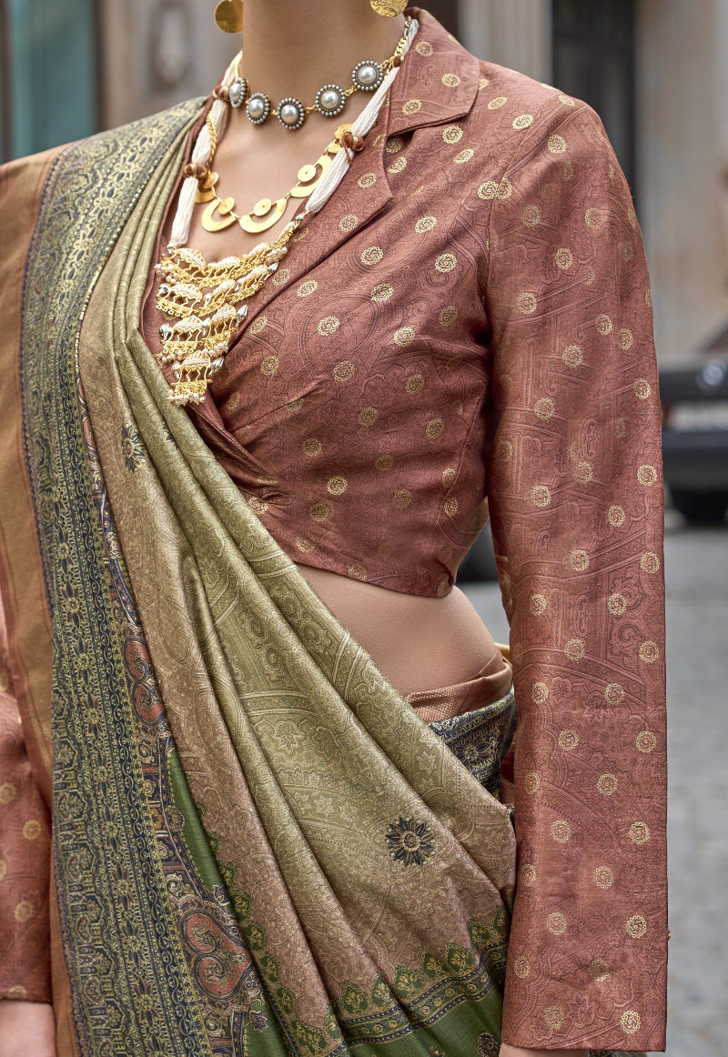 Green & Brown Silk Saree With Exotic Art Printed Border