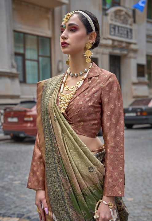 Green & Brown Silk Saree With Exotic Art Printed Border