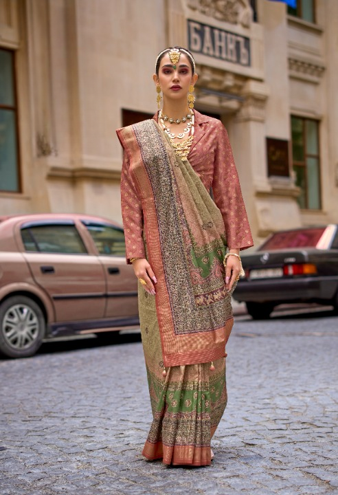 Green & Brown Silk Saree With Exotic Art Printed Border